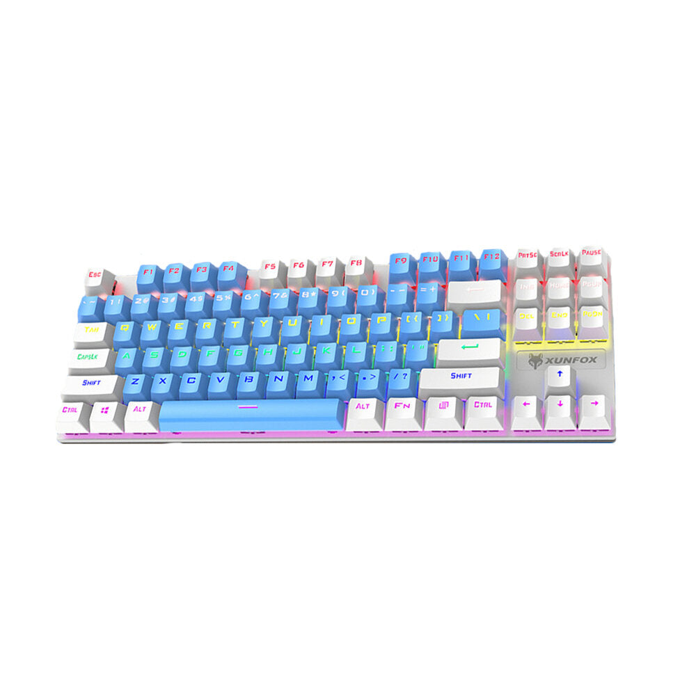 Mechanical Keyboard 87 Keys Mixed-Color Keycaps Blue Switch USB Wired Rainbow Light 80% TKL Layout Gaming Keyboard