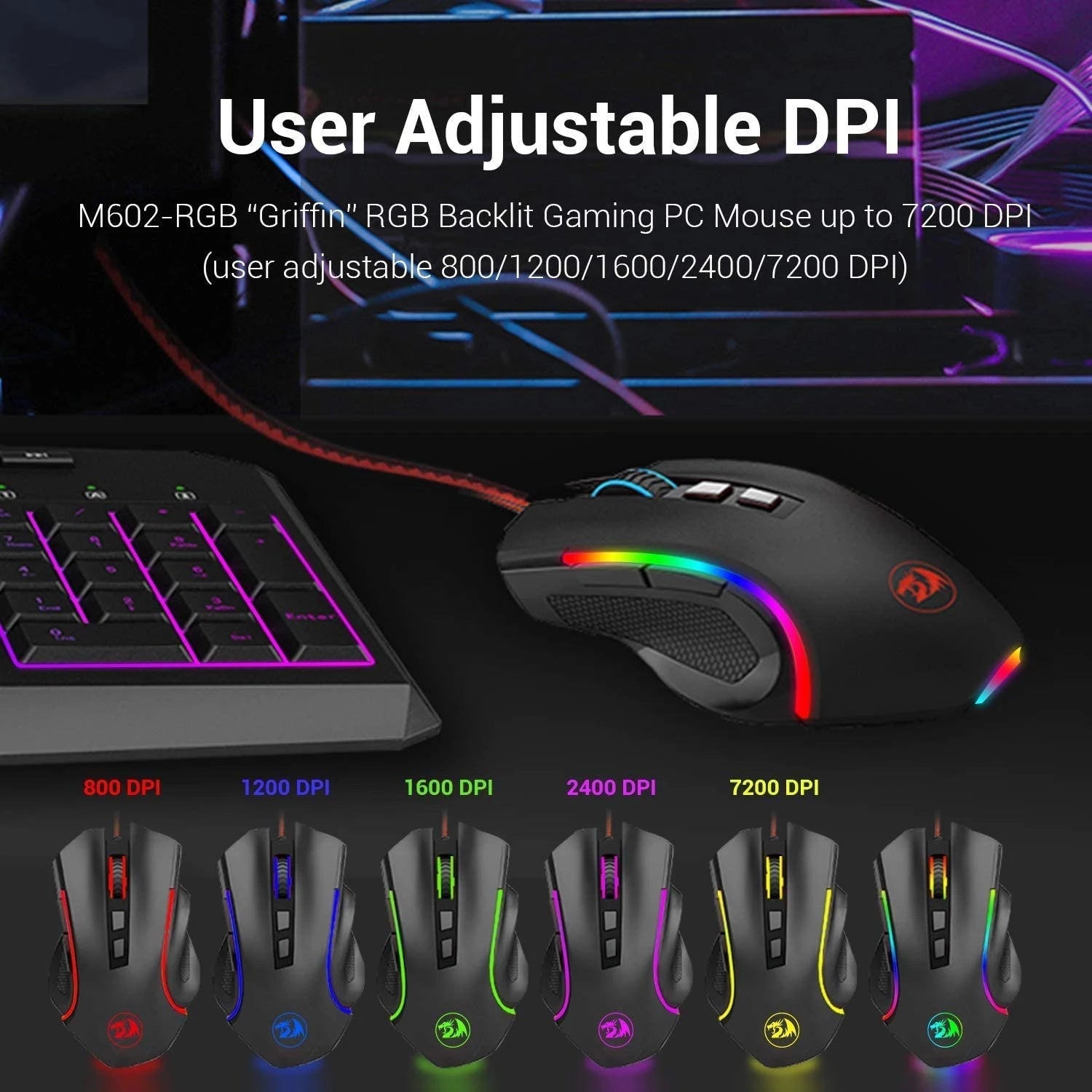 Wired Gaming Mouse RGB Backlight Ergonomic 8 Buttons Programmable 7 Backlight Modes 7200 DPI For Windows PC Gamers