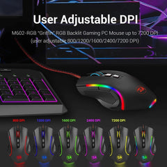 Wired Gaming Mouse RGB Backlight Ergonomic 8 Buttons Programmable 7 Backlight Modes 7200 DPI For Windows PC Gamers