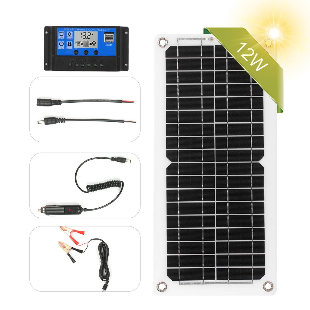 12W 12V Solar Panel Kit USB Port Off Grid Monocrystalline Module