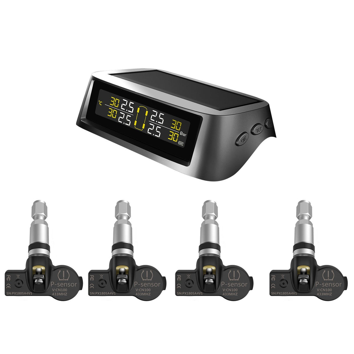 TPMS tire Pressure Monitoring System Solar Wireless and USB Charging Detection with 4 Internal Sensors