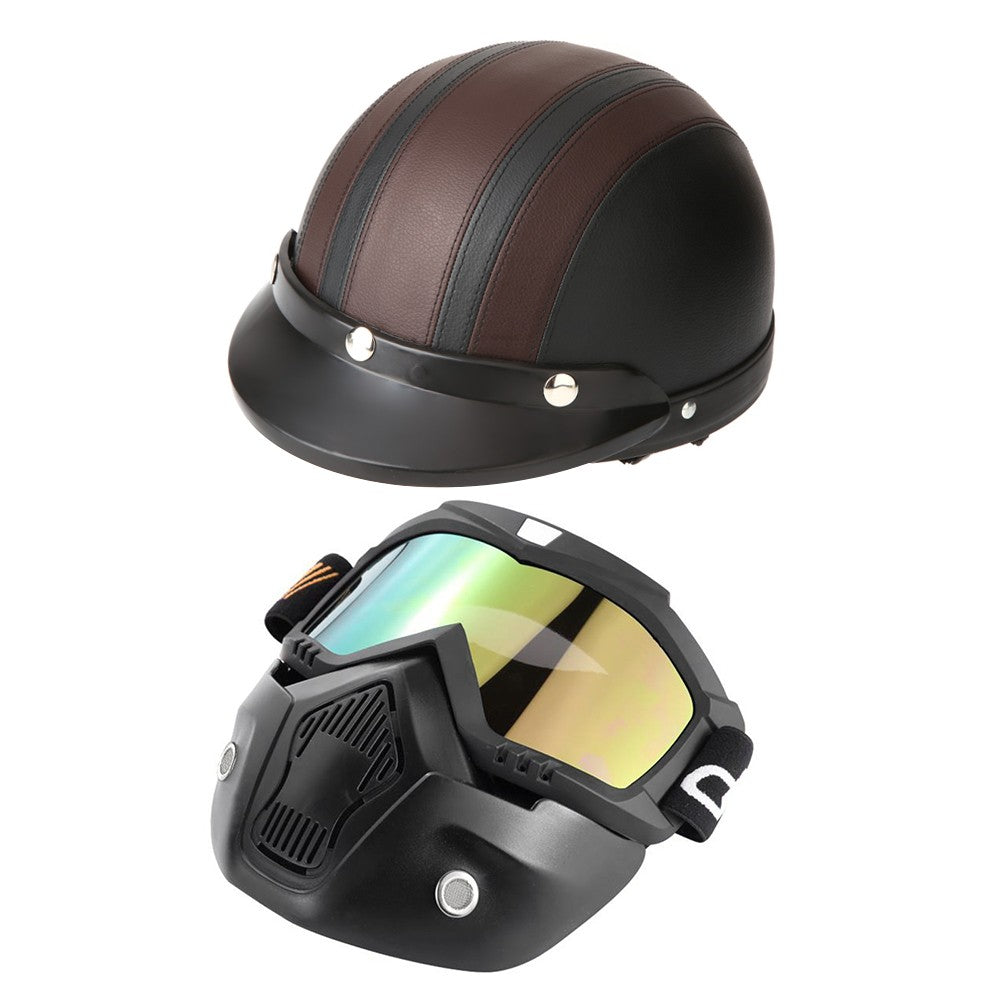 Mortorcycle Mask Detachable Goggles and Mouth Filter+ Open Face Half Leather Helmet with Vision UV 54-60cm