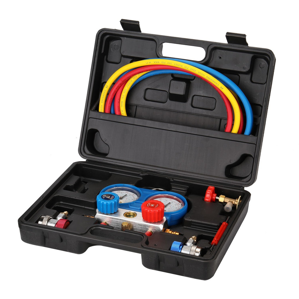 Dual Gauges Set Refrigeration Equipment Pressure Measuring Tool Kit with 3 Recharge Hoses