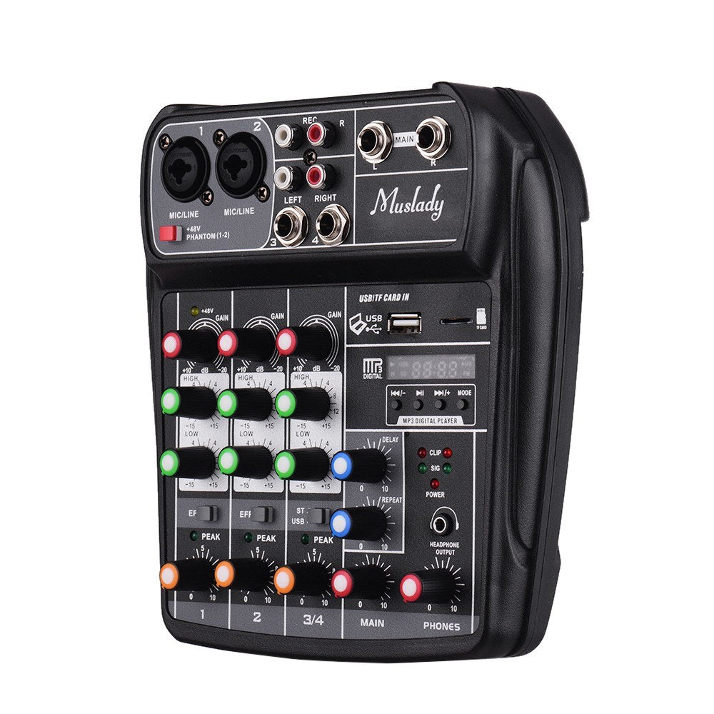 Compact Sound Card Mixing Console Digital Audio Mixer 4-Channel BT MP3 USB Input +48V Phantom Power