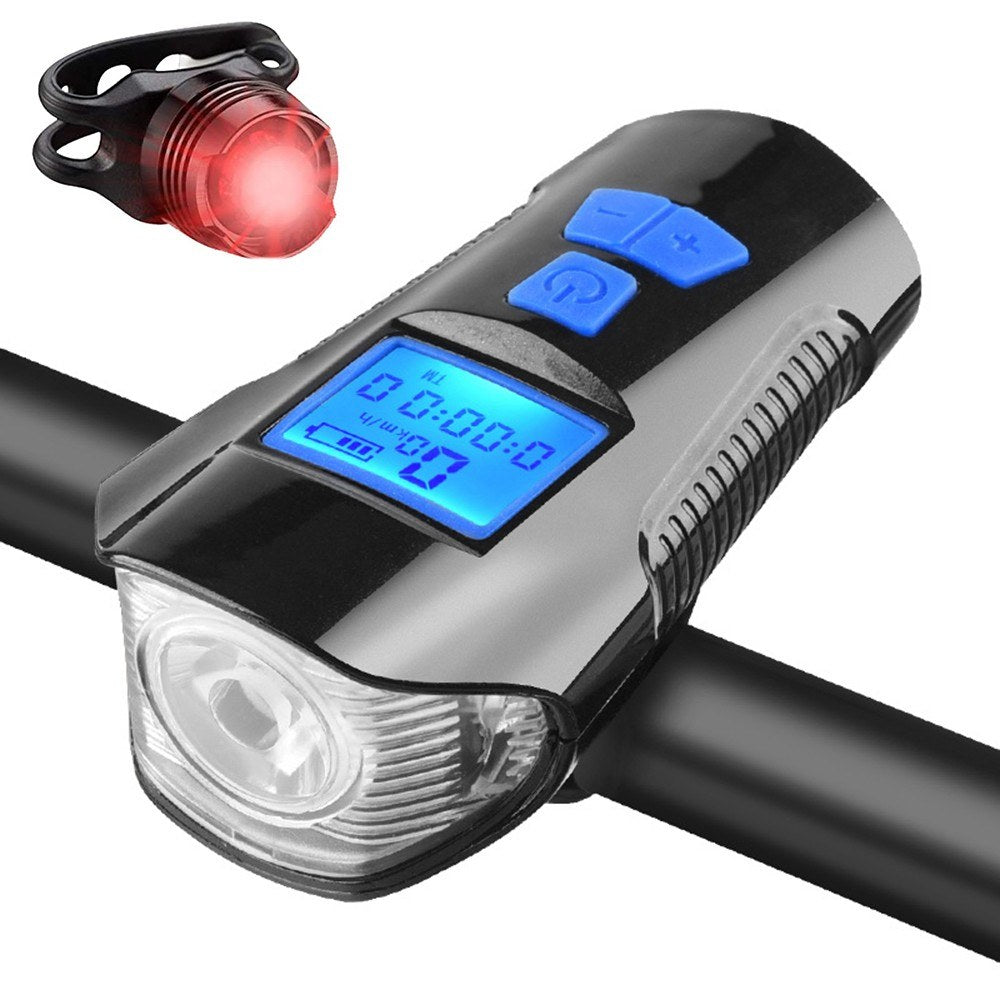 LED Bike Light Rechargeable Tail and Front Set Cycle Headlight with Bicycle Speedometer Odometer