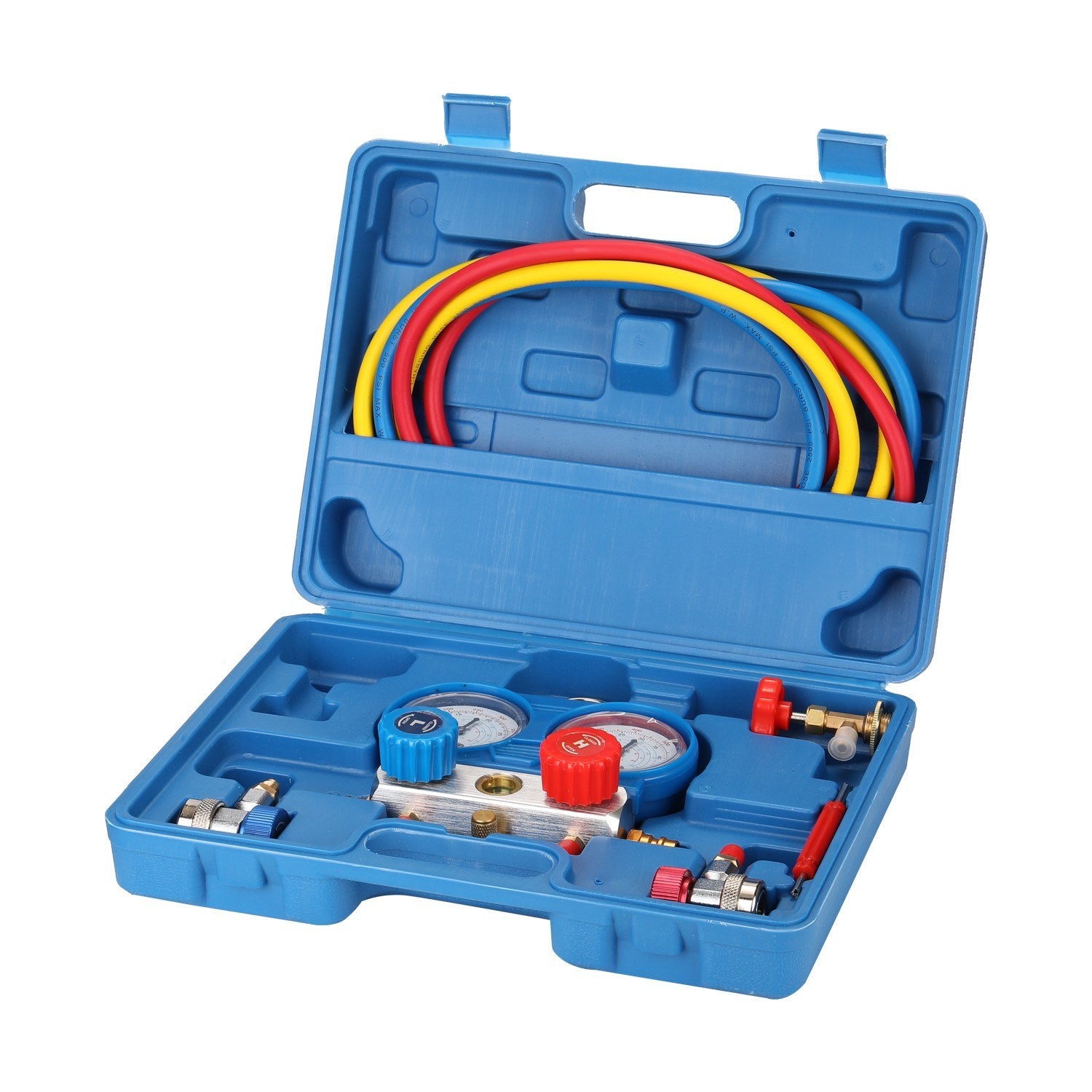 Dual Gauges Set Refrigeration Equipment Pressure Measuring Tool Kit with 3 Recharge Hoses