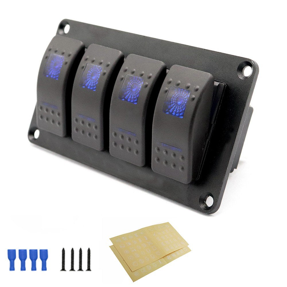 4 Gang 5 Pin Rocker Switch Panel, Waterproof On-Off Backlit Toggle Switches 12V, Panel with LED