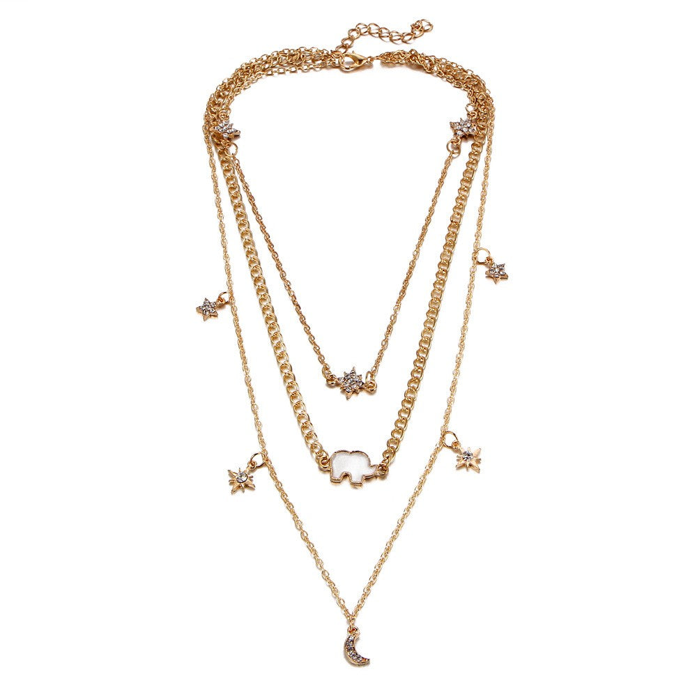 Multi-layer Necklace Moon Star Elephant Pendant Clavicle Chain Women Jewelry