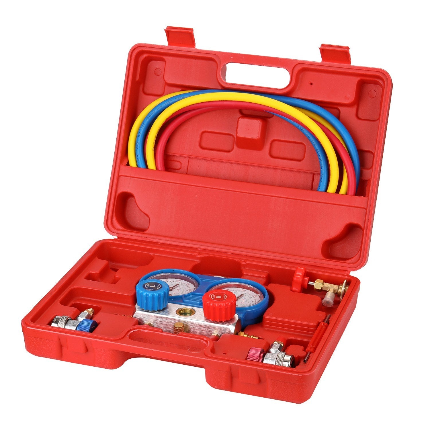 Dual Gauges Set Refrigeration Equipment Pressure Measuring Tool Kit with 3 Recharge Hoses