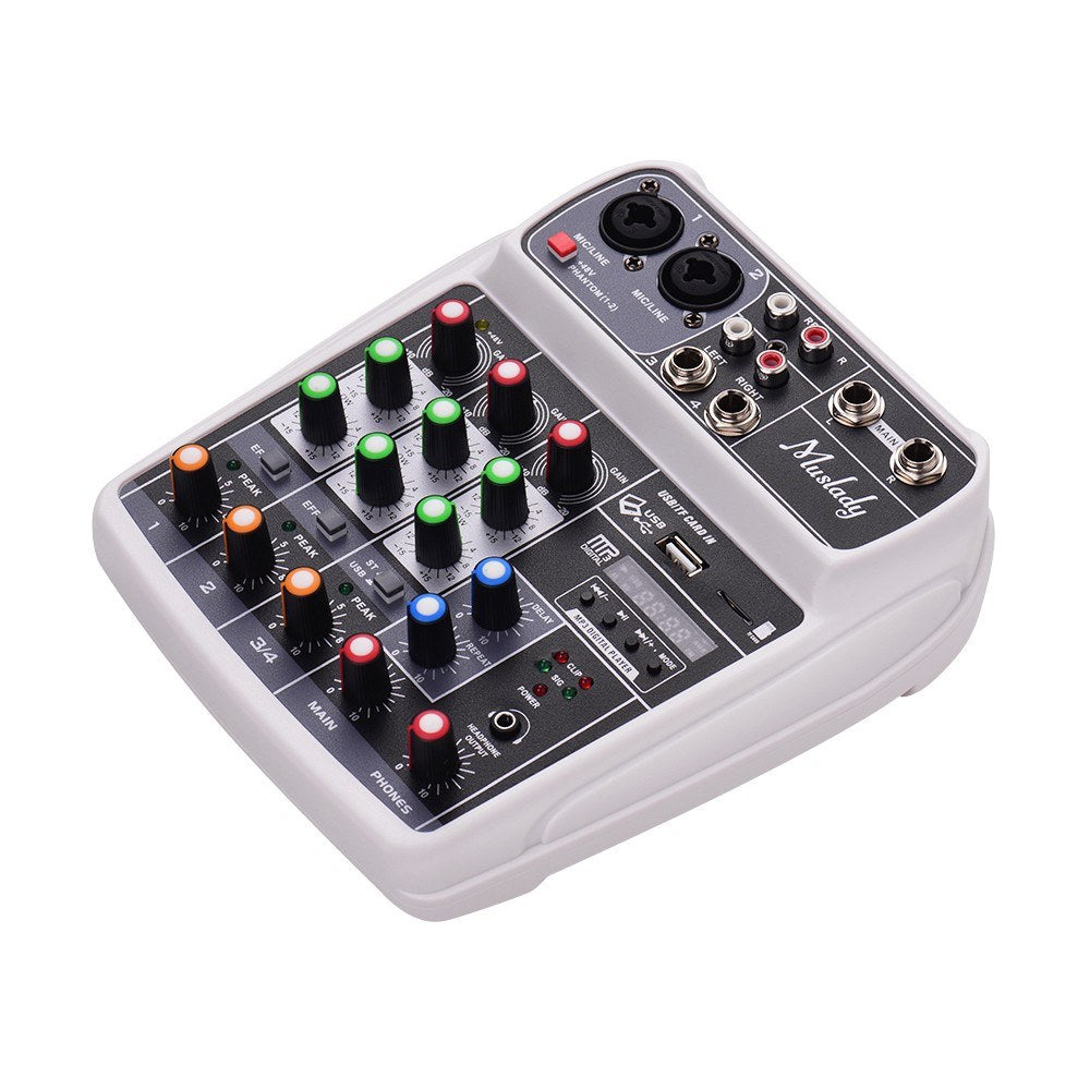 Compact Sound Card Mixing Console Digital Audio Mixer 4-Channel BT MP3 USB Input +48V Phantom Power